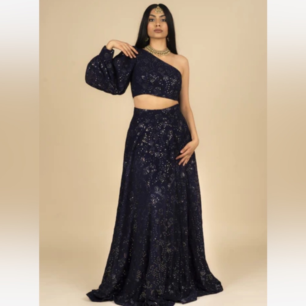 One shoulder navy lehenga Indian dress